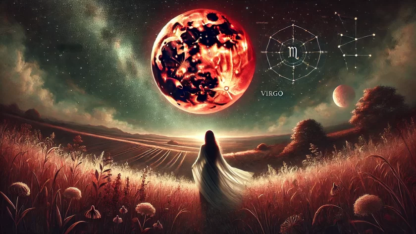 DALL·E 2025 03 13 11.30.36 A mystical and dramatic horizontal illustration of a Blood Moon in Virgo. The full moon appears deep red and glows intensely in a dark starry night s
